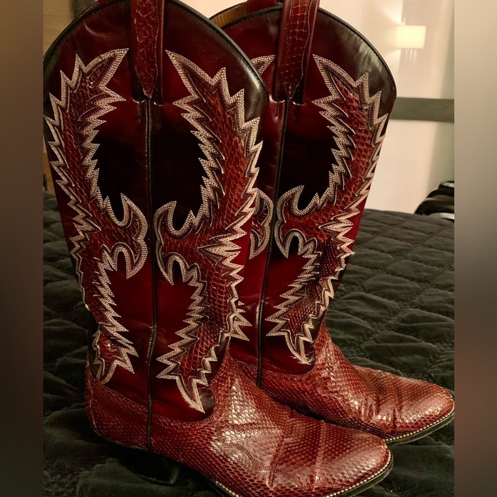 Dan Post Red Burgundy Leather + Snakeskin Women's Cowboy Boots - Size 6.5